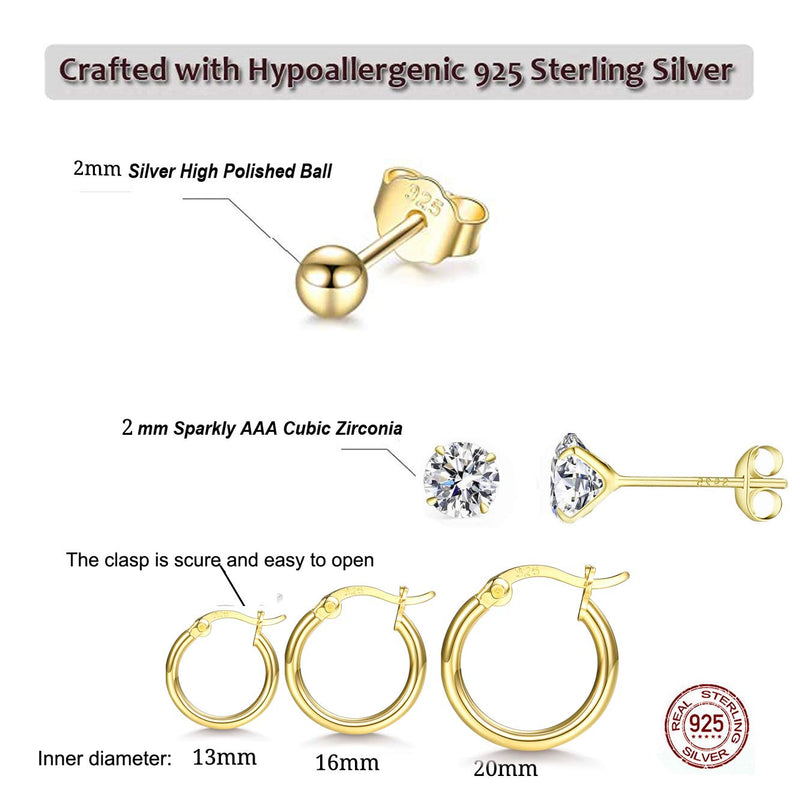 [Australia] - GULICX 3 Pairs Sterling Silver Small Hoop Stud Earrings Hypoallergenic Huggie Hinged Unisex Sleeper Hoops Earrings, Tiny Cartilage CZ Ball Earrings Piercing Jewellery for Women Girls Gold 3 pairs 13/16/20mm+2mm cz +ball earrings 