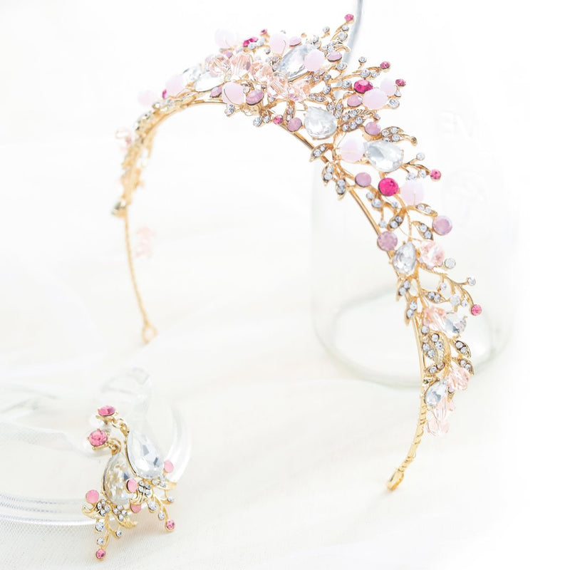 [Australia] - Yean Gold Wedding Crown Bridal Tiaras with Earrings Pink Purple Headband for Women and Girls (Pink) 