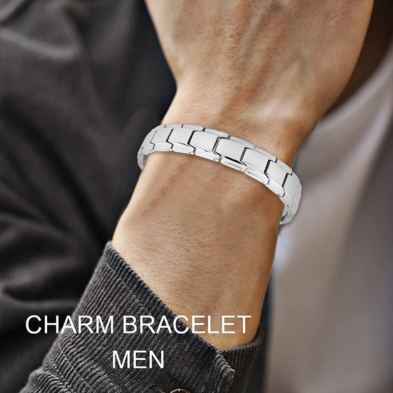 [Australia] - はち Magnetic Lymph Detox Bracelet Men Power Magnets Energy Stainless Steel Gents Bracelet for Couples with Adjustment Tool and Gift Box (Men, Silver) 