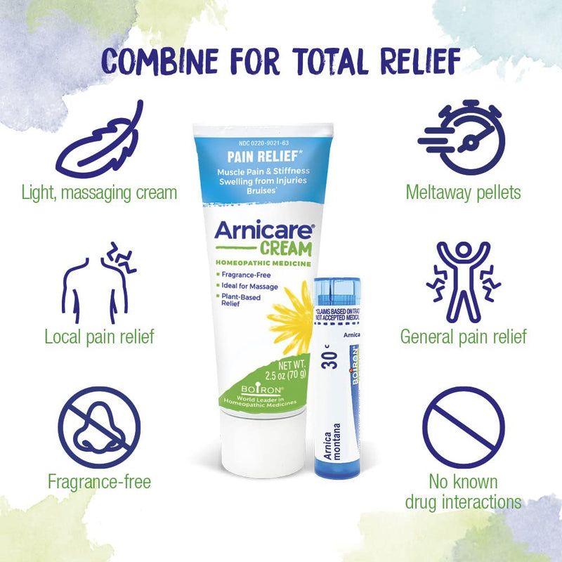 [Australia] - Boiron Arnicare Cream and Arnica 30c Value Pack for Pain Relief, Muscle Soreness, and Swelling from Buising or Injury - 2.5 oz + 80 Pellet Tube 