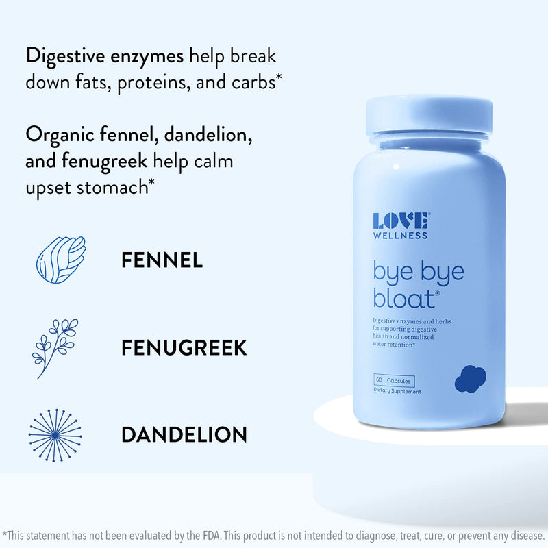 [Australia] - Love Wellness Bye Bye Bloat, Digestive Enzymes Supplement - 60 Capsules - Bloating & Gas Relief - Helps Reduce Water Retention & Overall Digestive Health - Safe & Effective With Fenugreek, & Dandelion 