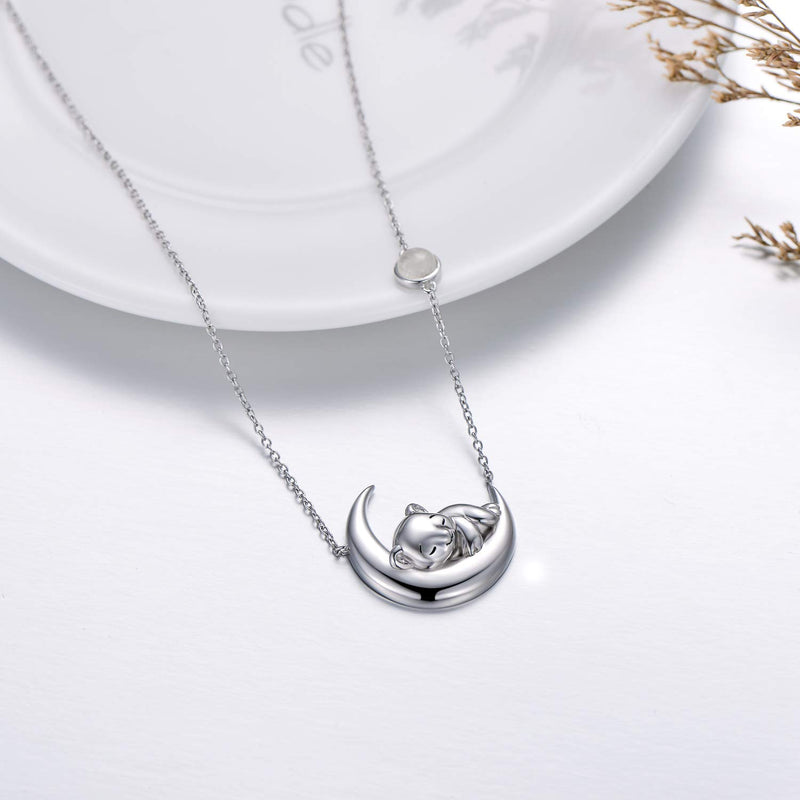 [Australia] - PEIMKO Cute Animal Panda Bear Cat Unicorn on the Moon Necklace for Grils, 925 Sterling Silver Moon Pendant Necklaces, Birthday Gift for Women Girls 
