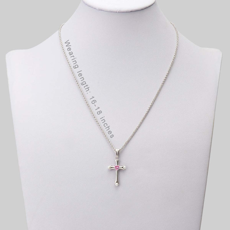 [Australia] - Karseer Heart Charm Birthstone Crystal and White Pearl Cross Pendant Necklace Christian Religious Jewelry for Women and Girls, 16" to 18" Adjustable White Gold / Pink Crystal 