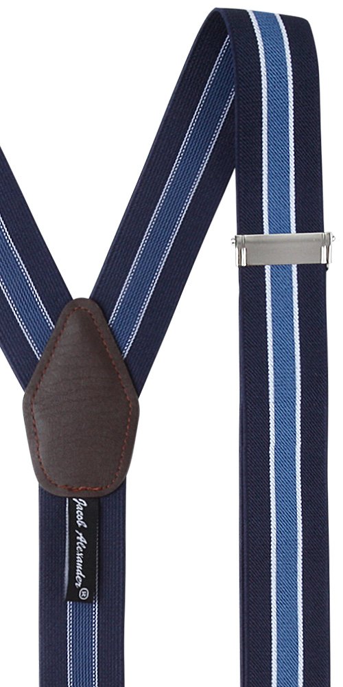 [Australia] - Jacob Alexander Men's Stripes Y-Back Suspenders Braces Convertible Leather Ends Clips Navy White Blue 