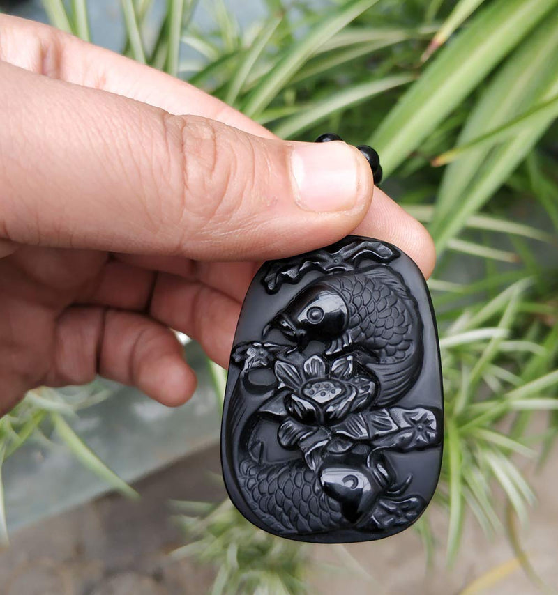 [Australia] - Handmade natural obsidian auspicious wealthy mother elephant jade pendant necklace fish 