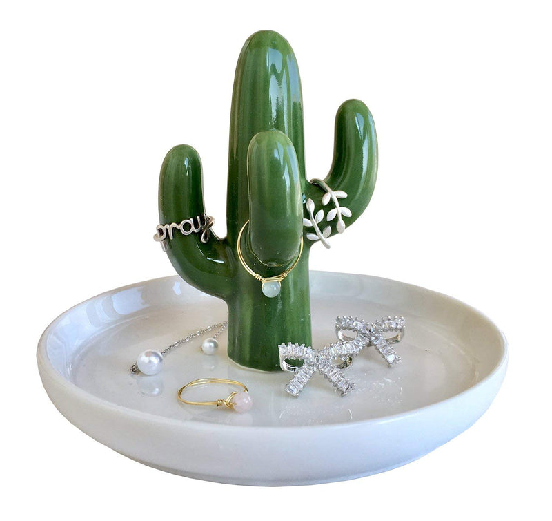 [Australia] - Cactus Ring Holder, Ceramic Dish for Jewelry, Earring Trinket Tray, Succulent Bracelet Storage, Necklace Organizer Display - Green Cactus 