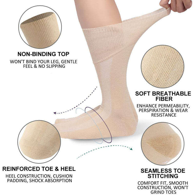 [Australia] - KitNSox Diabetic Crew Socks Mens Womens Cotton Seamless Cushion Non Binding Socks 1/3/6 Pack M/L/XL 6 Pack Beige Medium 
