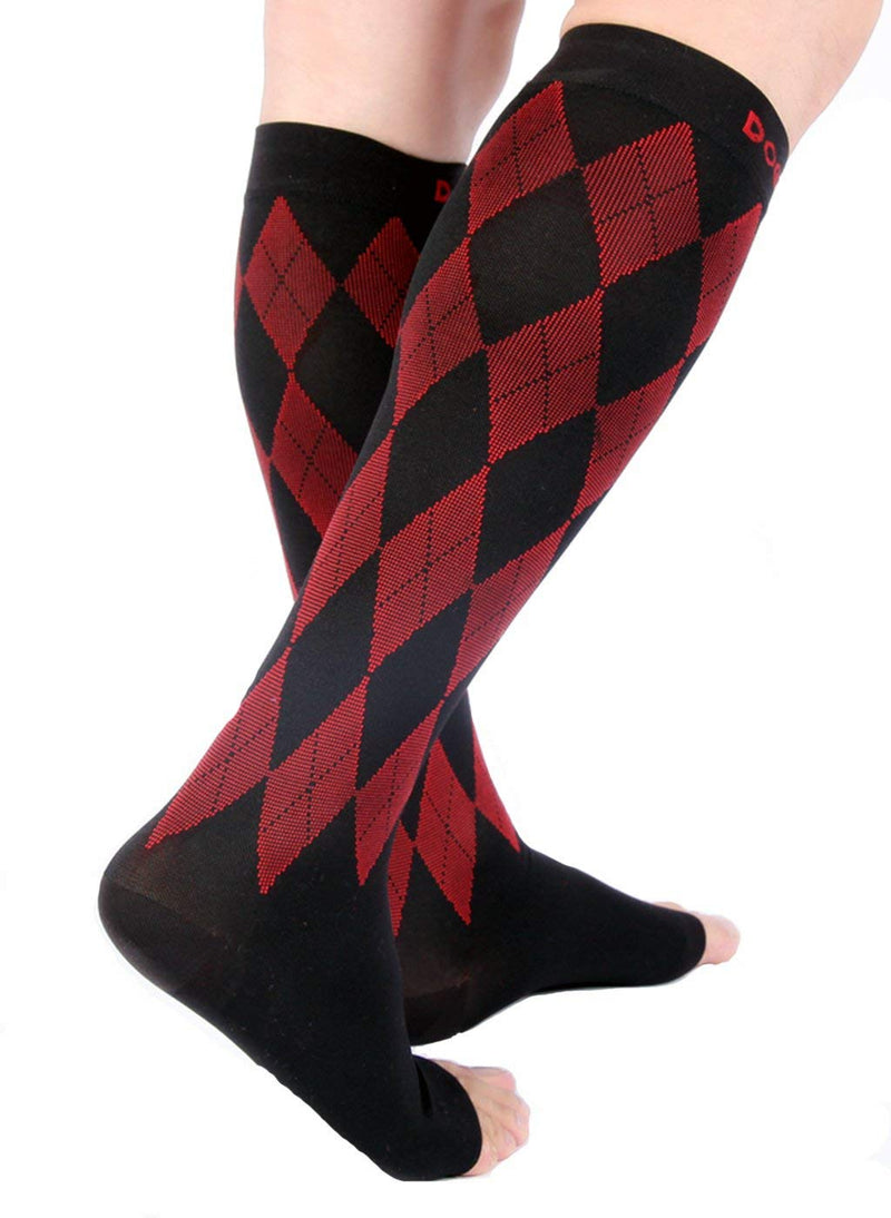[Australia] - Doc Miller Open Toe Compression Socks Women 20-30mmHg, 1 Pair Toeless Socks for Women and Men - Argyle Design X-Large Red.black Open Toe 