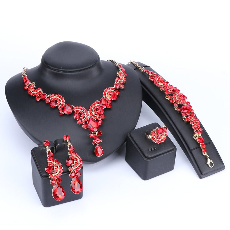 [Australia] - WANG Fashion Crystal Wedding Jewelry Sets for Bride Party Costume Accessories Bridal Necklace Earring Set Red 