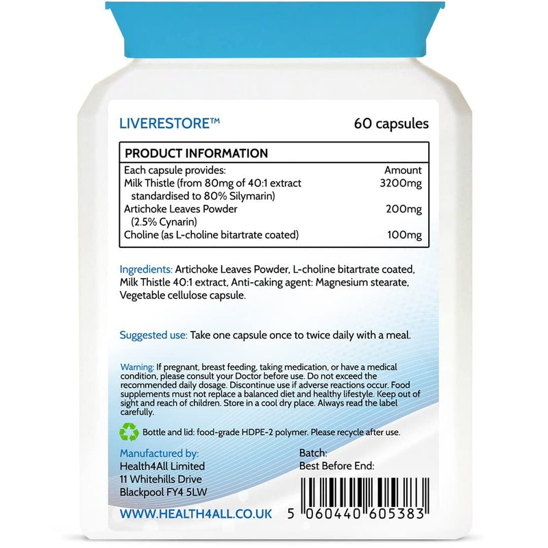 [Australia] - Liverestore Capsules with Artichoke, Milk Thistle and Choline. Vegan Capsules for Liver Health. Made in The UK by Health4All, 60 Capsules (V) 60 count (Pack of 1) 