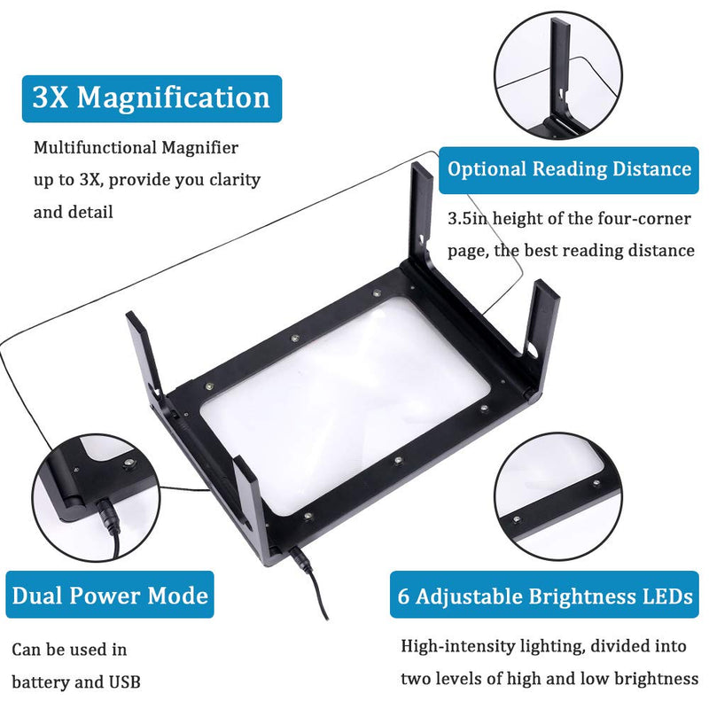 [Australia] - 3X Full Page Magnifying Glass Reading Magnifier with 6 LED Lights Handheld Hands-Free Magnifier with Stand & Lanyard PVC Material Ideal for Low Vision, Seniors, Reading Books, Newspapers 