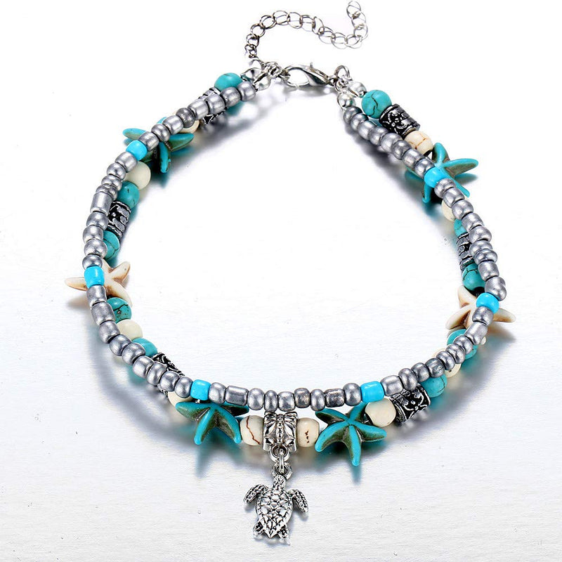 [Australia] - 3 pcs Set Simulated Turquoise Blue Starfish Multilayer Yoga Beach Anklets Bracelet Boho Foot Jewelry for Women Teen Girls Y811 Style-1 