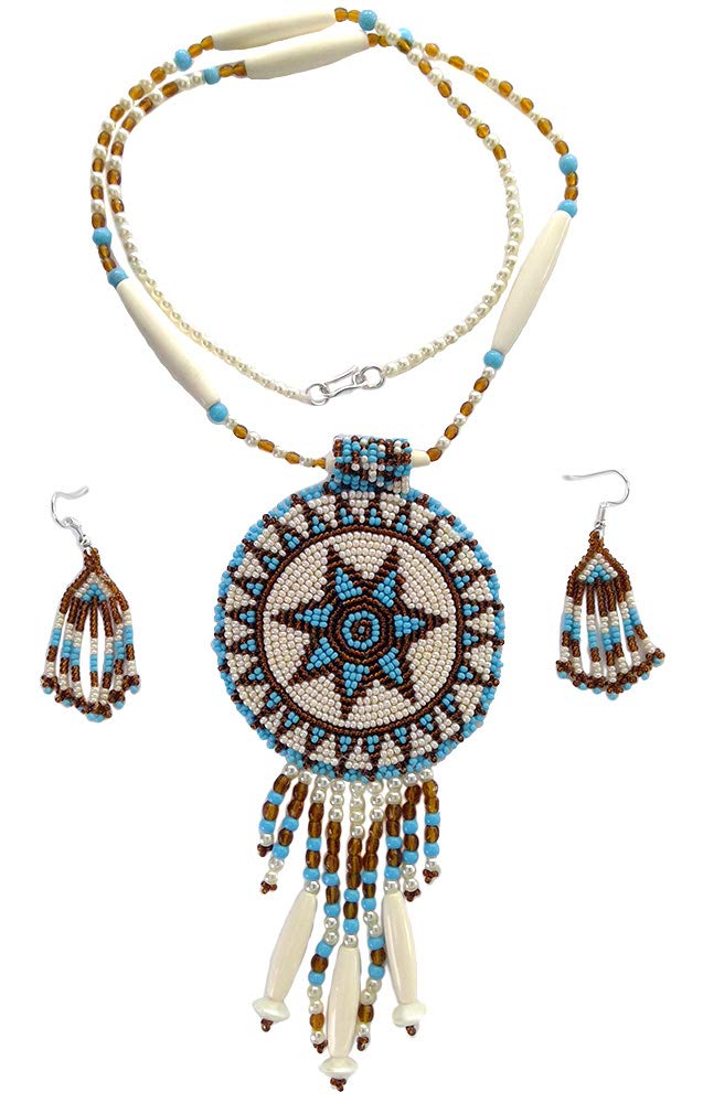 [Australia] - Native Style Beaded Necklace Earrings Set with Large Rosette Pendant Cream Star 