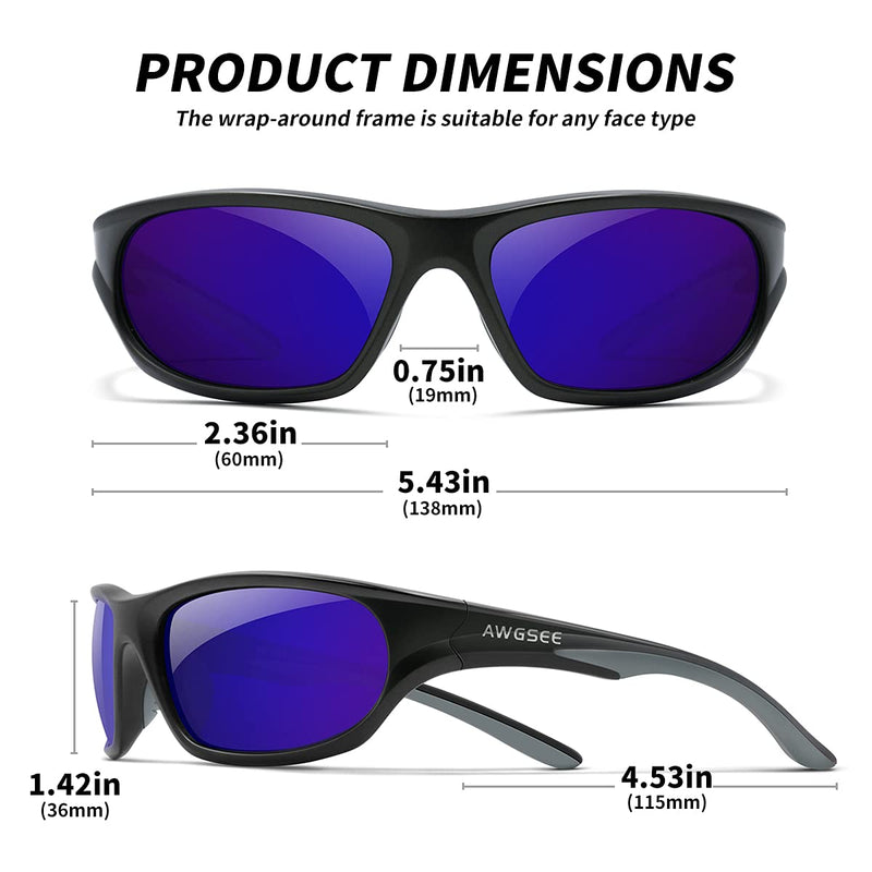 [Australia] - AWGSEE Polarized Sports Sunglasses For Men Cycling Driving Fishing Sun Glasses TR90 Unbreakable Frame 100% UV Protection Black Gray Frame/Blue Mirror Lens 