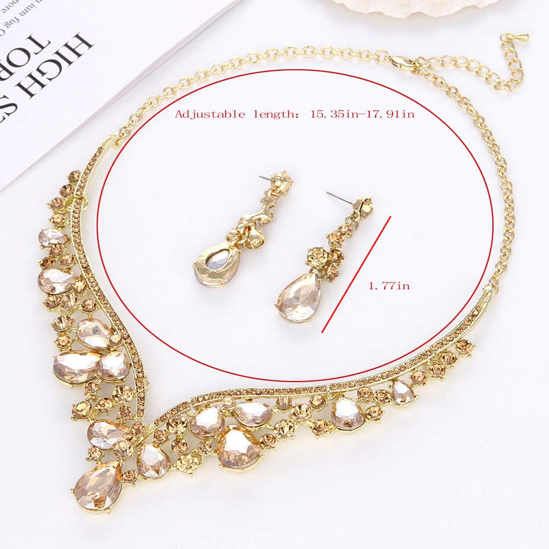 [Australia] - Youfir Rhinestone Crystal V-Shaped Bridal Wedding Necklace Earrings Jewelry Set for Brides Gown Champagne 