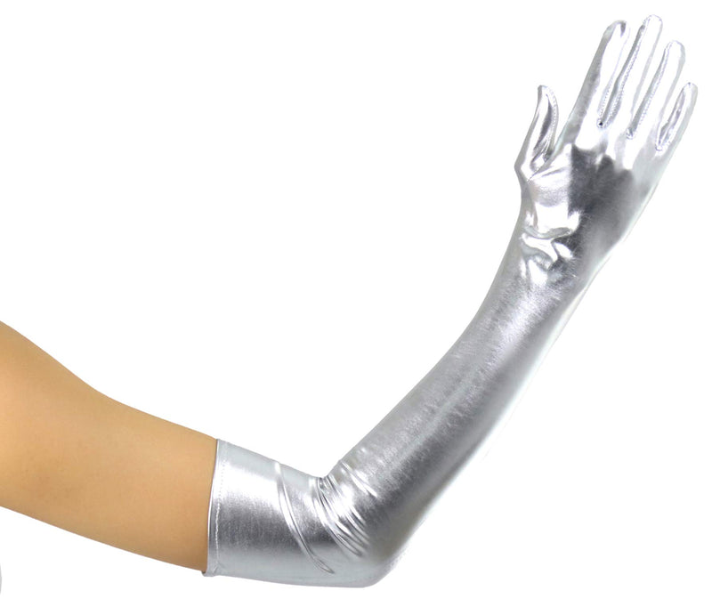 [Australia] - ToBeInStyle Women’s Above Albow Long Metallic Shiny Wet Look Novelty Gloves One Size Regular Silver 