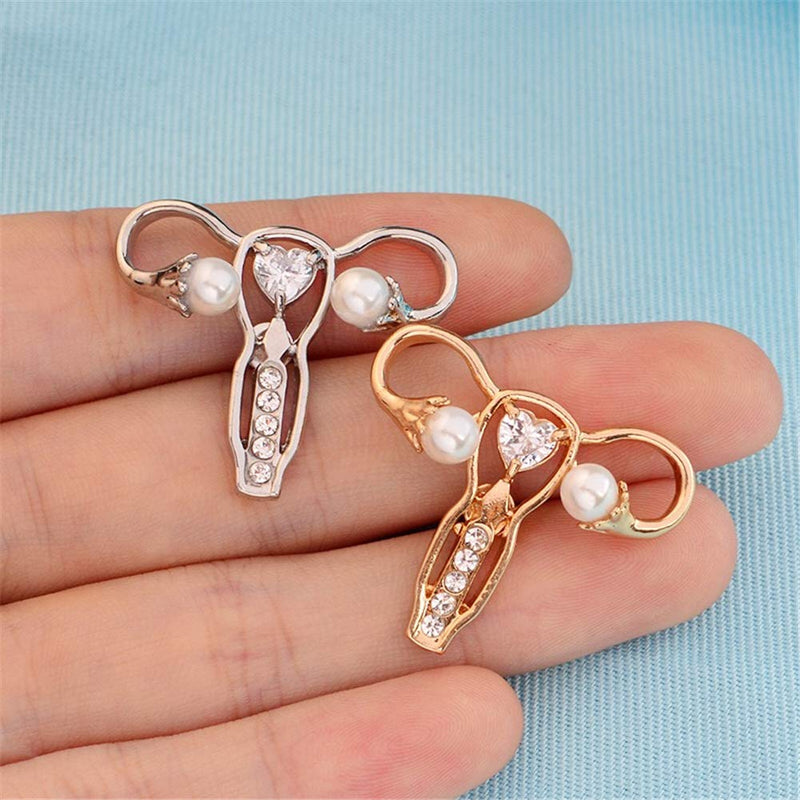 [Australia] - AILUOR Personality Female Body Organ Uterus Ovary Crystal Gynecology Medicine Symbol Pearl Brooch Pin for Gynecologist Medical Doctors Nurse Gifts Jewelry Silver 