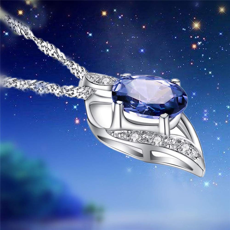 [Australia] - MABELLA Sterling Silver Simulated Birthstone Oval Cut Leaves Shape Pendant Necklace,Gifts for Girls Simulated Blue Sapphire 