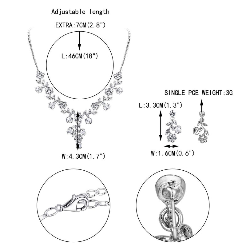 [Australia] - EVER FAITH Flower Leaf Necklace Earrings Set Austrian Crystal 1-Clear Silver-Tone 