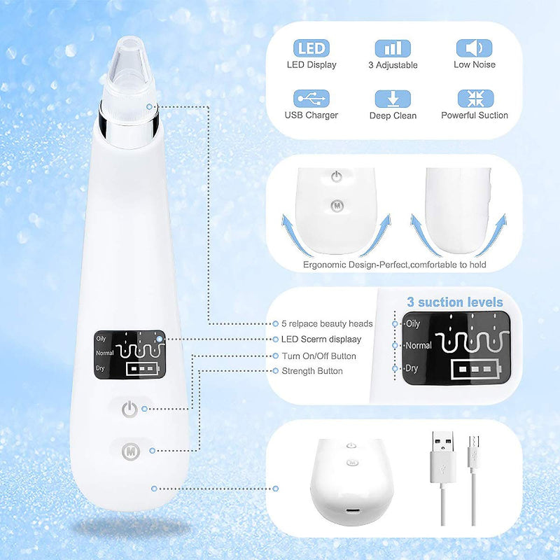 [Australia] - Blackhead Remover Vacuum Electric Blackhead Removal Tools Pore Cleaner with LED Display Deep Cleaner Blackhead Including 4 Patterns and 5 Suction Probes USB Rechargeable for Dry, Normal, Oily Skin 