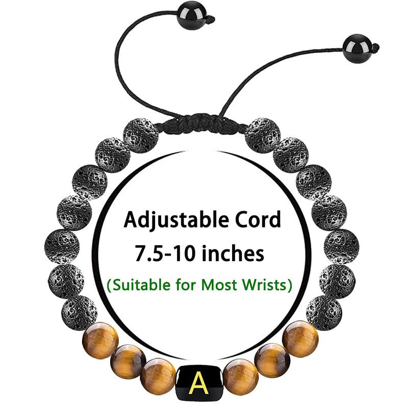 [Australia] - PANSHI Initial Beaded Bracelets for Men Tiger Eye Bracelet Mens Jewelry Lava Rock Healing Stone Letter Beads Braclet Handmade Adjustable Braided Rope Personalized Gifts A 