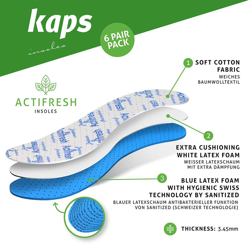 [Australia] - 6 Pair Pack Set Actifresh Hygienic Shoe Insoles with Swiss Antibacterial Technology by Sanitized | Made in Europe | Cut to fit | Kaps 