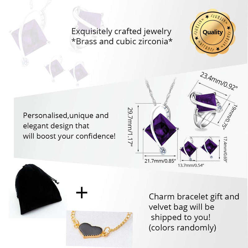 [Australia] - Uloveido Charm Created Topaz Big Square Crystal Necklace Matching Stud Earrings Rings Jewelry Set T295 Purple 8 