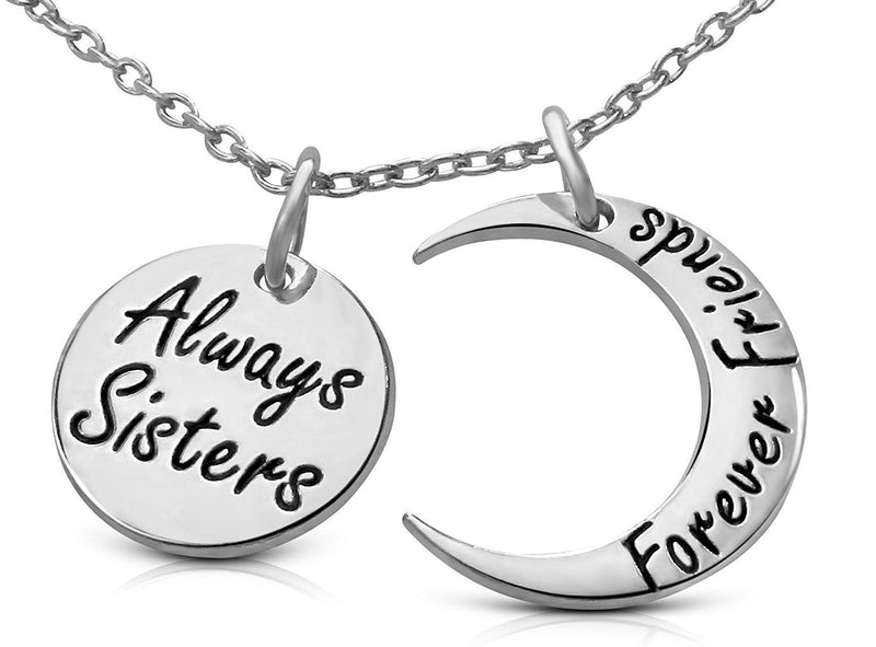 [Australia] - Set of 2 ''Always Sisters Forever Friends'' Moon Pendant Necklaces - Jewelry Gifts for Big & Little Sisters, Best Friends - Sister Necklaces for 2 Silver Tone 