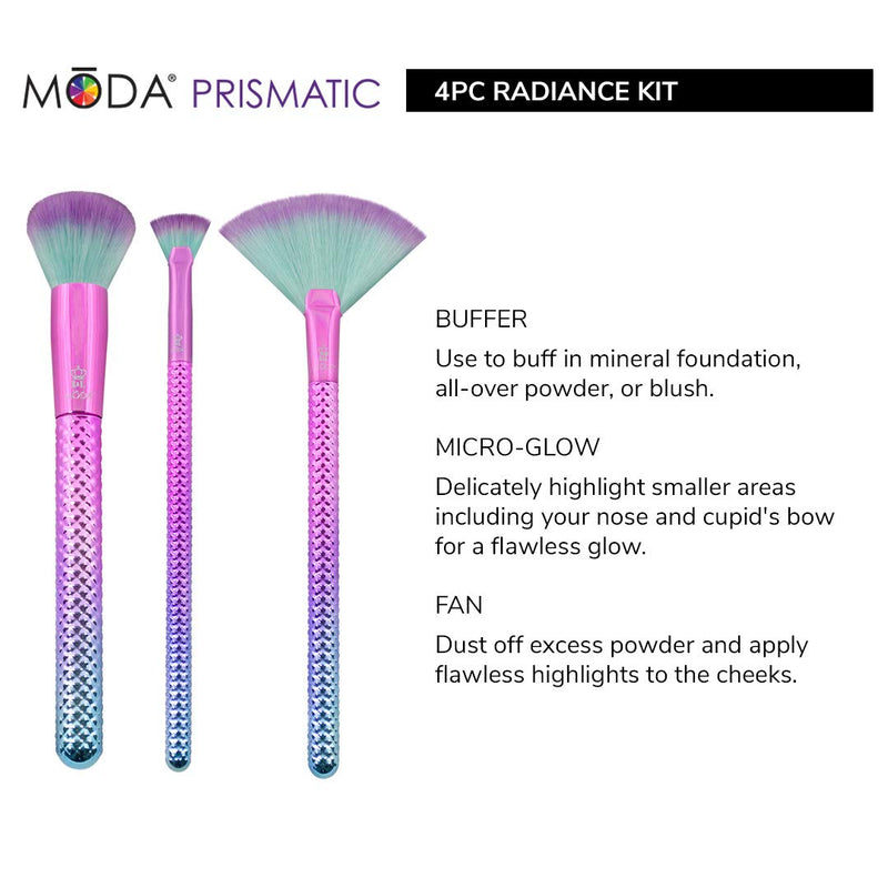 [Australia] - MODA Full Size Prismatic Radiance 4pc Makeup Brush Set with Pouch, Includes, Fan, Buffer, and Micro-Glow Brushes, Pink -Teal Ombre 