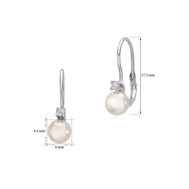 [Australia] - UNICORNJ Sterling Silver 925 Cultured Pearl Button Leverback Earrings with Cubic Zirconia 6mm Italy 