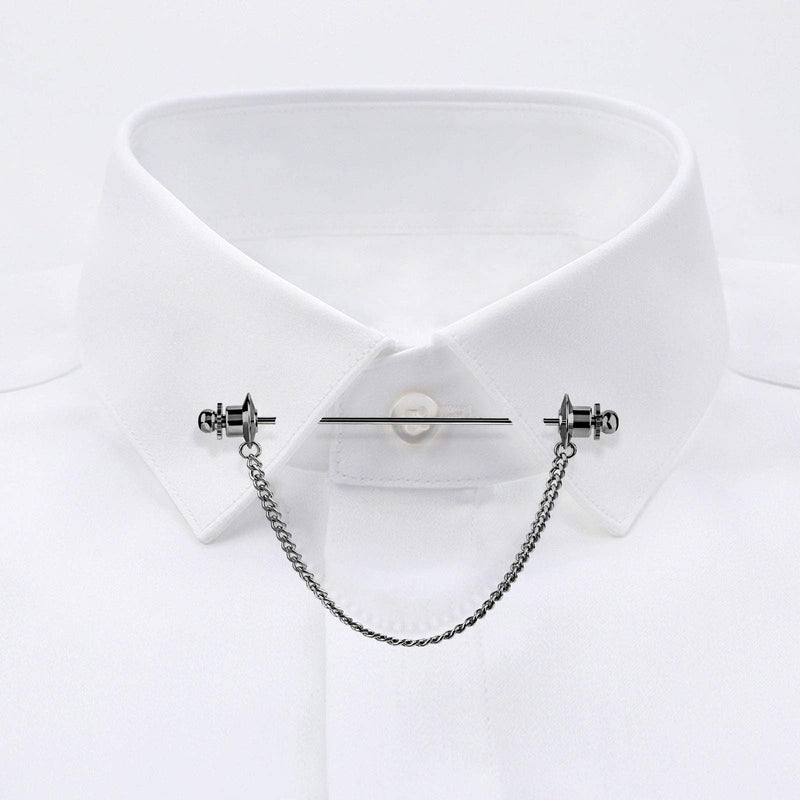 [Australia] - Mens Shirt Collar Pins Necktie Tie Cravat Pin Clips with Chain Lapel Pin Collar Bar Tassel Brooch Gold Silver Black Tone Black Hat Head Pin 