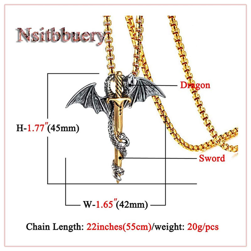 [Australia] - Nsitbbuery Hip Hop Stainless Steel Wings Dragon Tag Pendant 20" Plated 18K Gold Square Box Chain Necklace 