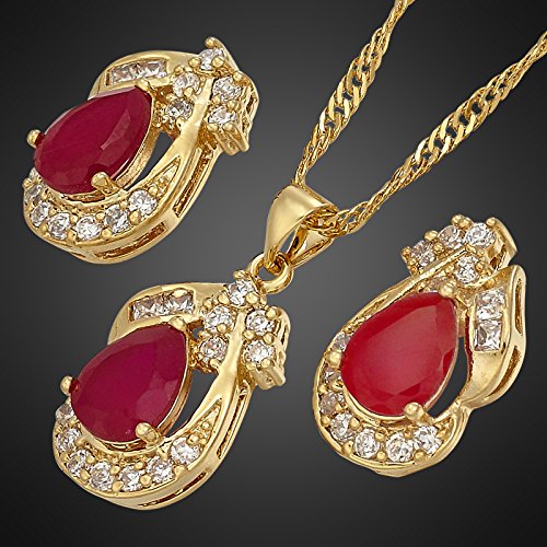 [Australia] - RIZILIA Pear Cut Red Ruby Yellow Gold Plated Jewelry Set, Pendant with 18" Chain Stud Earrings 