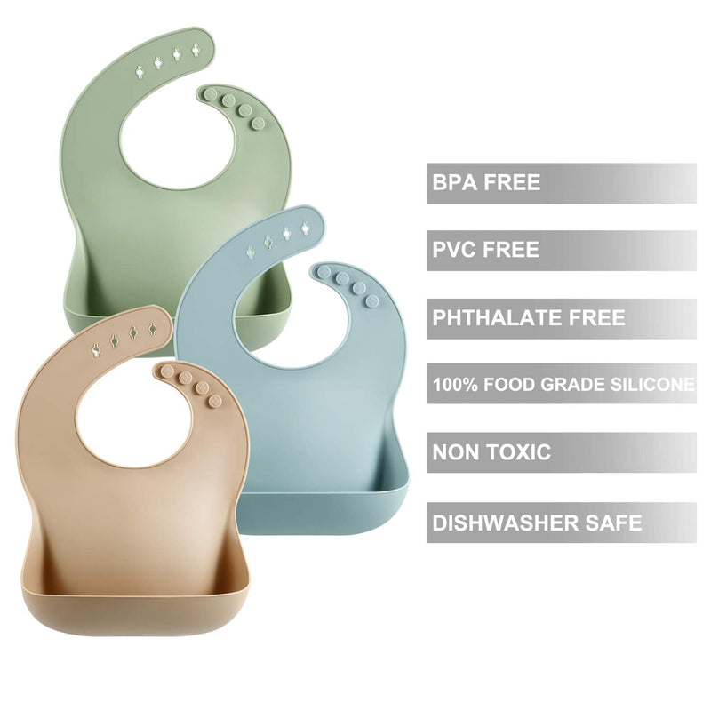 [Australia] - PandaEar 3 Pack Thick Silicone Baby Bibs for Babies & Toddlers (10-72 Months)| Waterproof Baby Feeding Bibs Adjustable with Wide Food Catcher Pocket, Soft, Unisex, Non Messy |Brown/Blue/Green Brown/Blue/Green 
