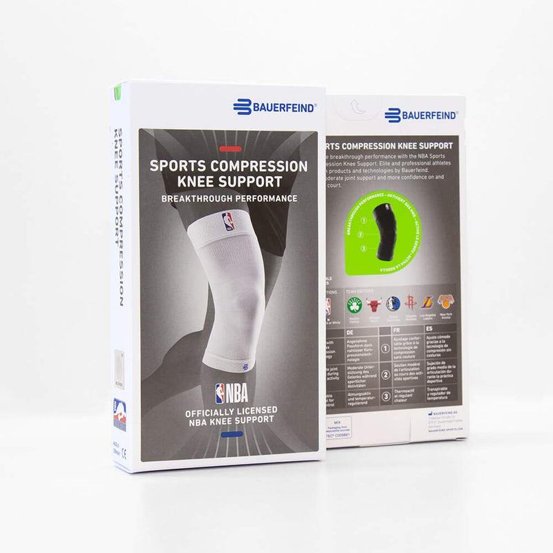 [Australia] - Bauerfeind Sports Compression Knee Support NBA - Lightweight Design with Gripping Zones for Basketball Knee Pain Relief & Performance with Team Designs (White, L) 