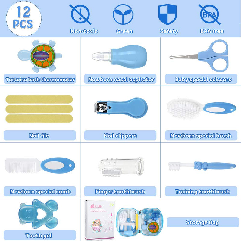 [Australia] - Lictin Baby Grooming Kit Newborn - 12PCS Baby Health Care Set Portable Baby Care Kit (Blue) Blue 