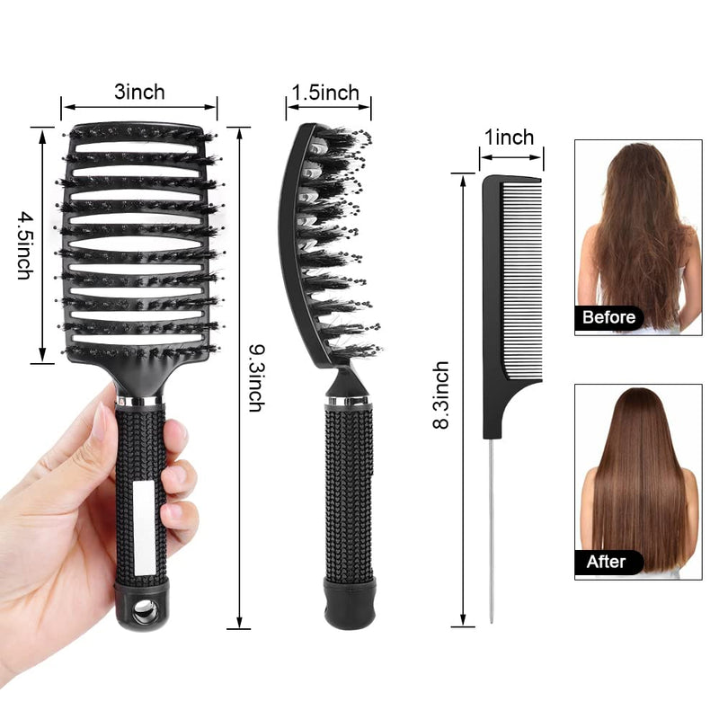 [Australia] - URAQT Hair Brush, 2 Pcs Boar Bristle Paddle Hairbrush with Tail Comb, Soft Massage Vent Brush for Men Women, Detangle Hair Brush for Long Thick Curly Hair, Reducing Hair Breakage (Black & White) Black & White 