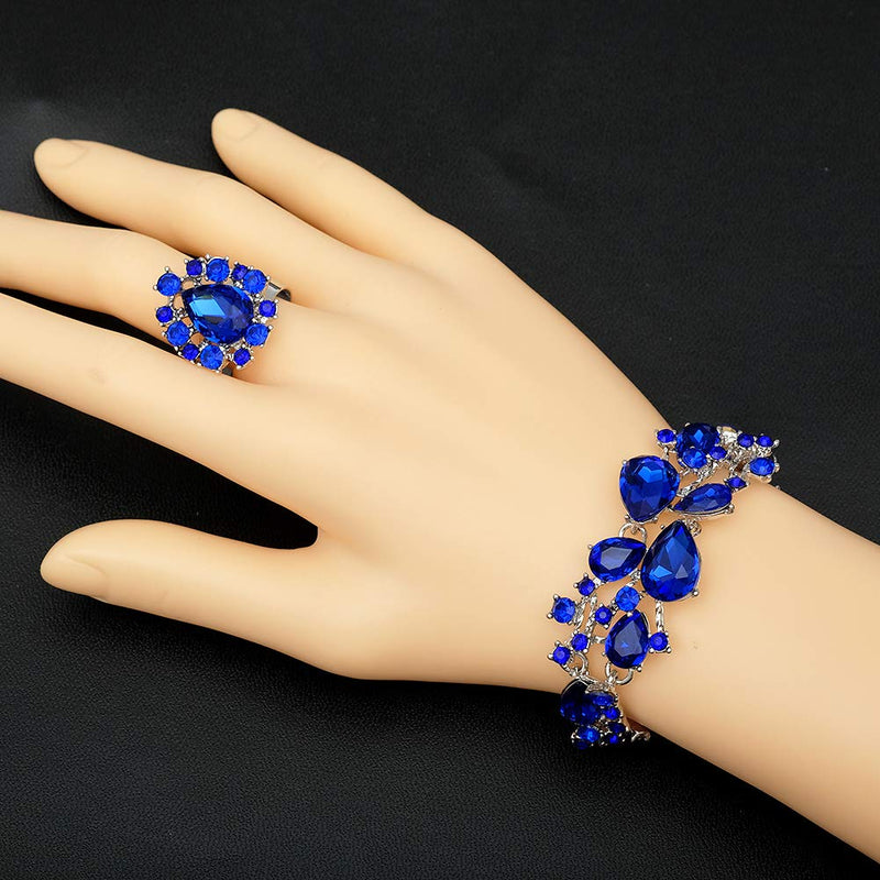 [Australia] - 4 Pcs/Set Austrian Crystal Necklace Earrings Bracelet Ring Bridal Jewelry Sets for Brides Wedding Party Costume Accessories Gifts for Women white gold plated-royal blue 