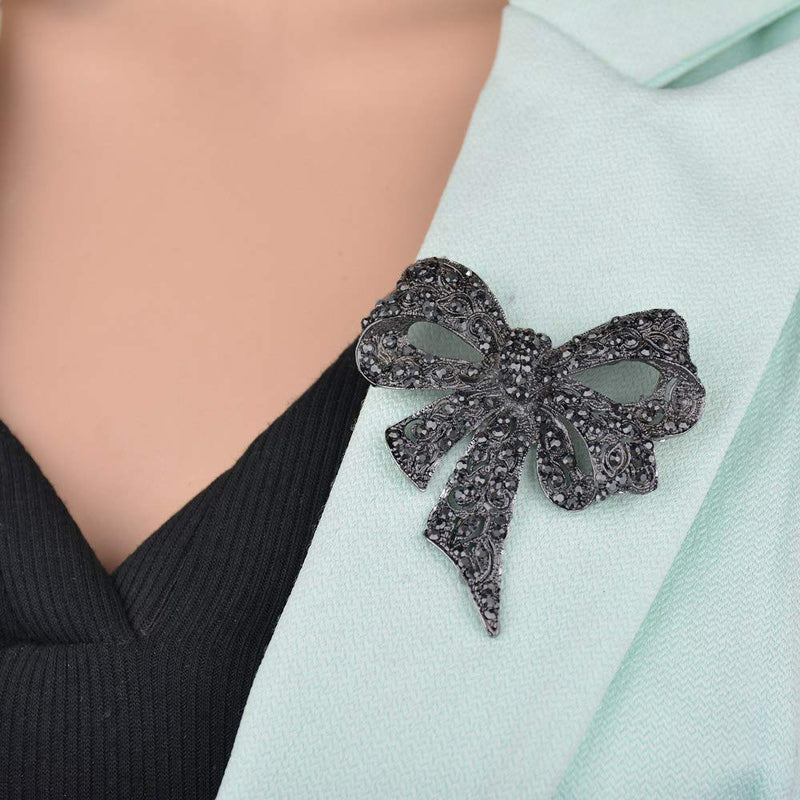 [Australia] - MIXIA Black Color Rhinestone Bow Brooches for Women Large Bowknot Brooch Pin Vintage Jewelry Winter Accessories 