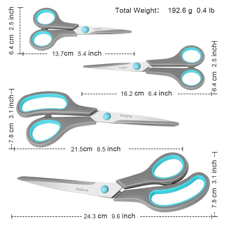 [Australia] - Asdirne Scissors, Stainless Steel Blades, Soft Grip Handle, Suitable for Households,Offices and Schools, Blue/Grey, 4 pcs/Pack 4 Pack-blue 