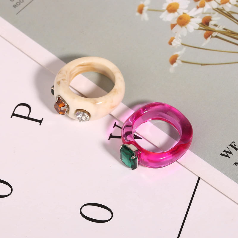 [Australia] - 2 Pcs Resin Acrylic Diamond Fruit Rings Set Colorful Index Finger Ring Cute Transparent Plastic Band Ring Jewelry Trendy Unique Square Gem Ring for Teen Girls and Women（6-9） Ring A 6 