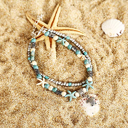 [Australia] - Softones Blue Starfish Turtle Anklet Multilayer Charm Beads Sea Handmade Boho Anklet Foot Jewelry for Women Girl A:Turtle 1 