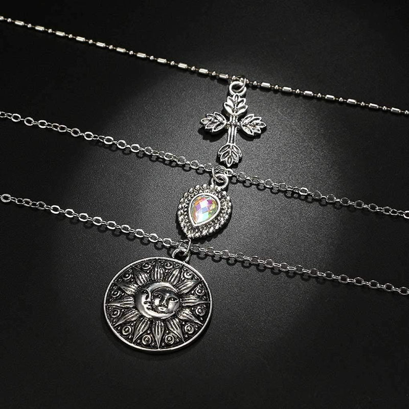 [Australia] - Yalice Silver Layered Coin Necklace Chain Cross Choker Necklaces Water Drop Jewelry for Women and Girls 