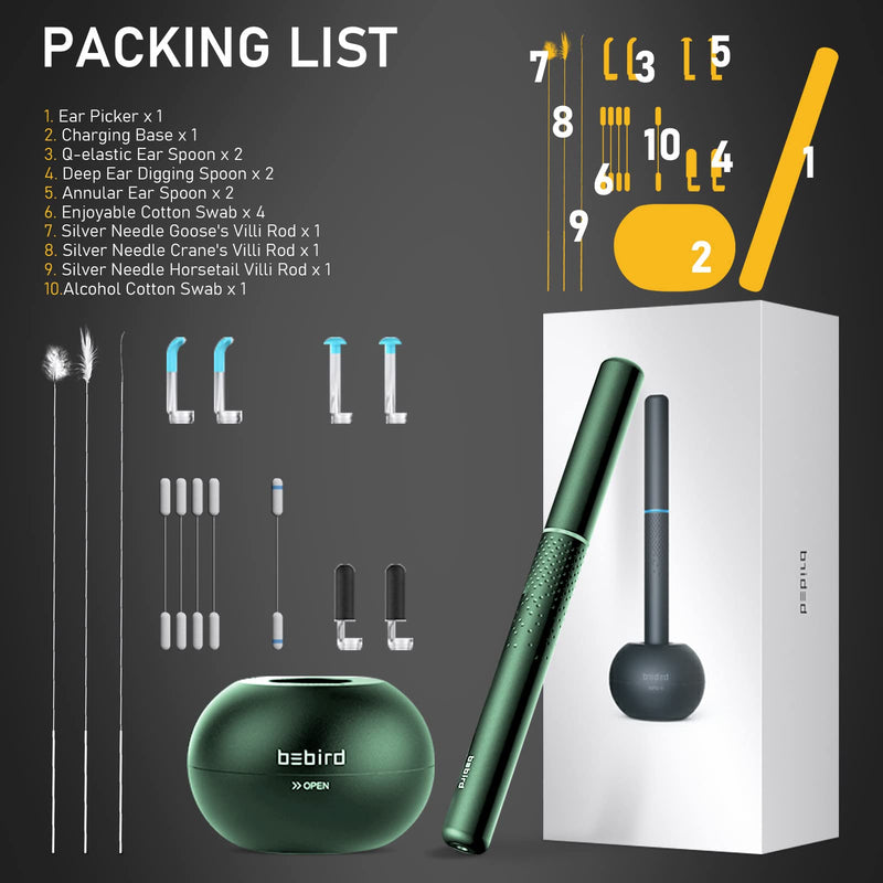 [Australia] - Bebird M9 Pro Ear Cleaner Earwax Removal Kit with HD Camera, 6 LEDs, 4-Axis Intelligent Gyroscope, Magnetic Charged Base Compatible with Android/iOS(Green) M9 Pro Visual Earwax Removal Kit - Green 