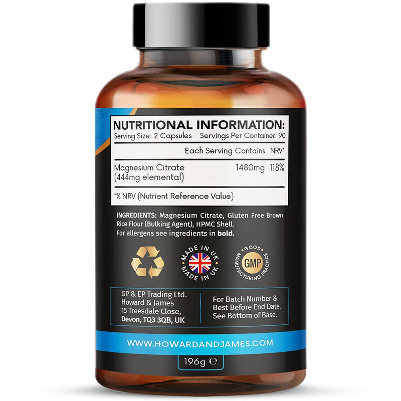 [Australia] - Magnesium Citrate 1480mg - 180 Vegan Capsules not Magnesium Tablets - Providing 444mg Elemental Magnesium - 3 Month Supply - High Strength Magnesium Supplements - Made in The UK by Howard & James 