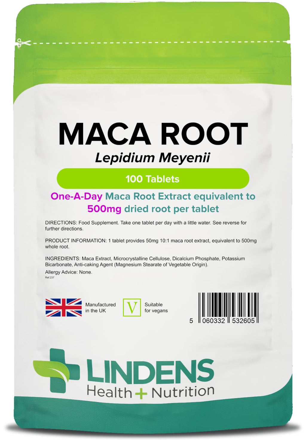 [Australia] - Lindens Maca Root 500mg Tablets - 100 Pack - Popular Botanical Food Supplement in an Easy to Swallow, One-a-Day Tablet - UK Manufacturer, Letterbox Friendly 