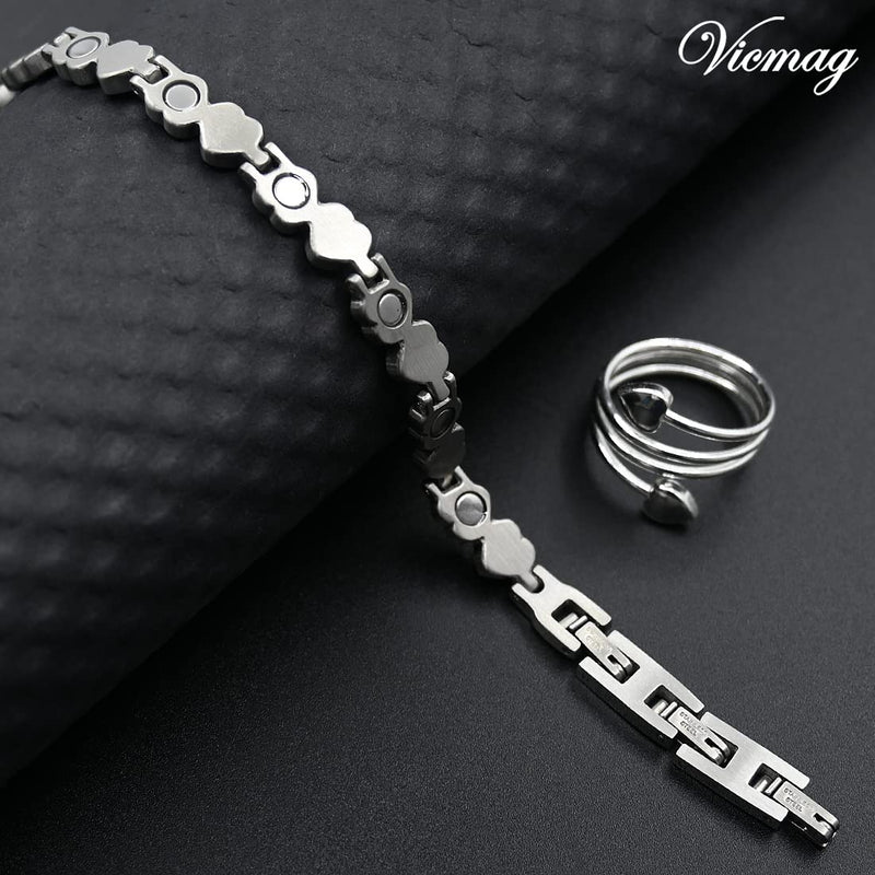 [Australia] - Vicmag Magnetic Bracelets for Women Titanium Steel Brazaletes Ultra Strength Magnetic Adjustable with Removal Tool and Gift Box (Silver Love Heart) Silver Love Heart 