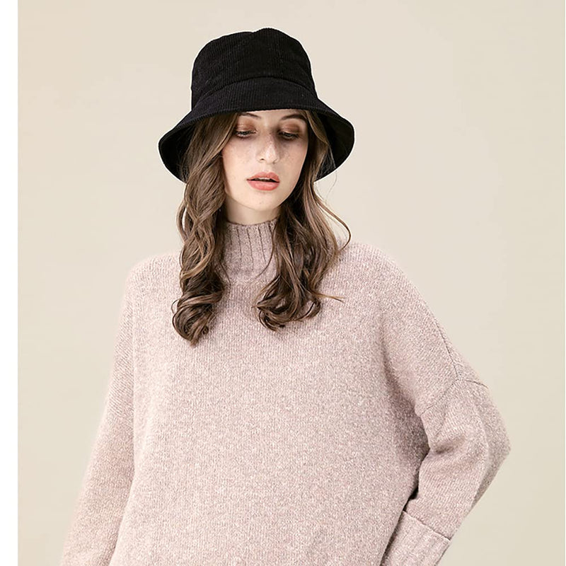 [Australia] - XYIYI Cute Wool Bucket Hat Winter Warm Fisherman Hats for Women Black 