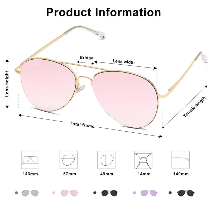 [Australia] - SOJOS Classic Aviator Sunglasses for Women Men Mirrored UV400 Lens Vintage Metal Frame SJ1030 0c3 Gold Frame/Pink Mirrored Lens 56 Millimeters 
