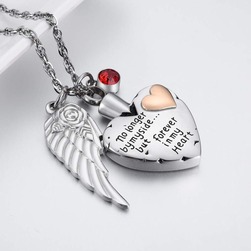 [Australia] - abooxiu Heart Cremation Urn Necklace for Ashes Jewelry Angel Wing Memorial Pendant 12 Birthstones - No Longer by My Side But Forever in My Heart - Customize Available 